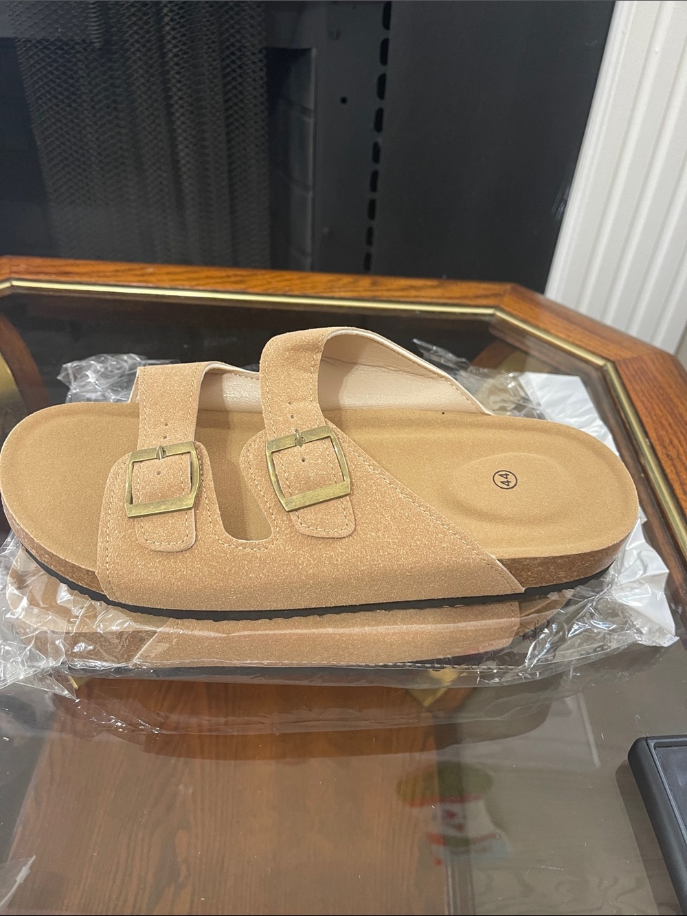 Tan Suede Double Buckle Slide Sandals